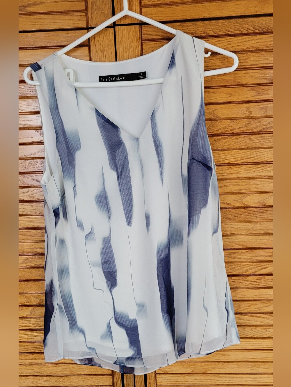 Iris Setlakwe White V-Neck Tank with Navy Brushstroke Detail